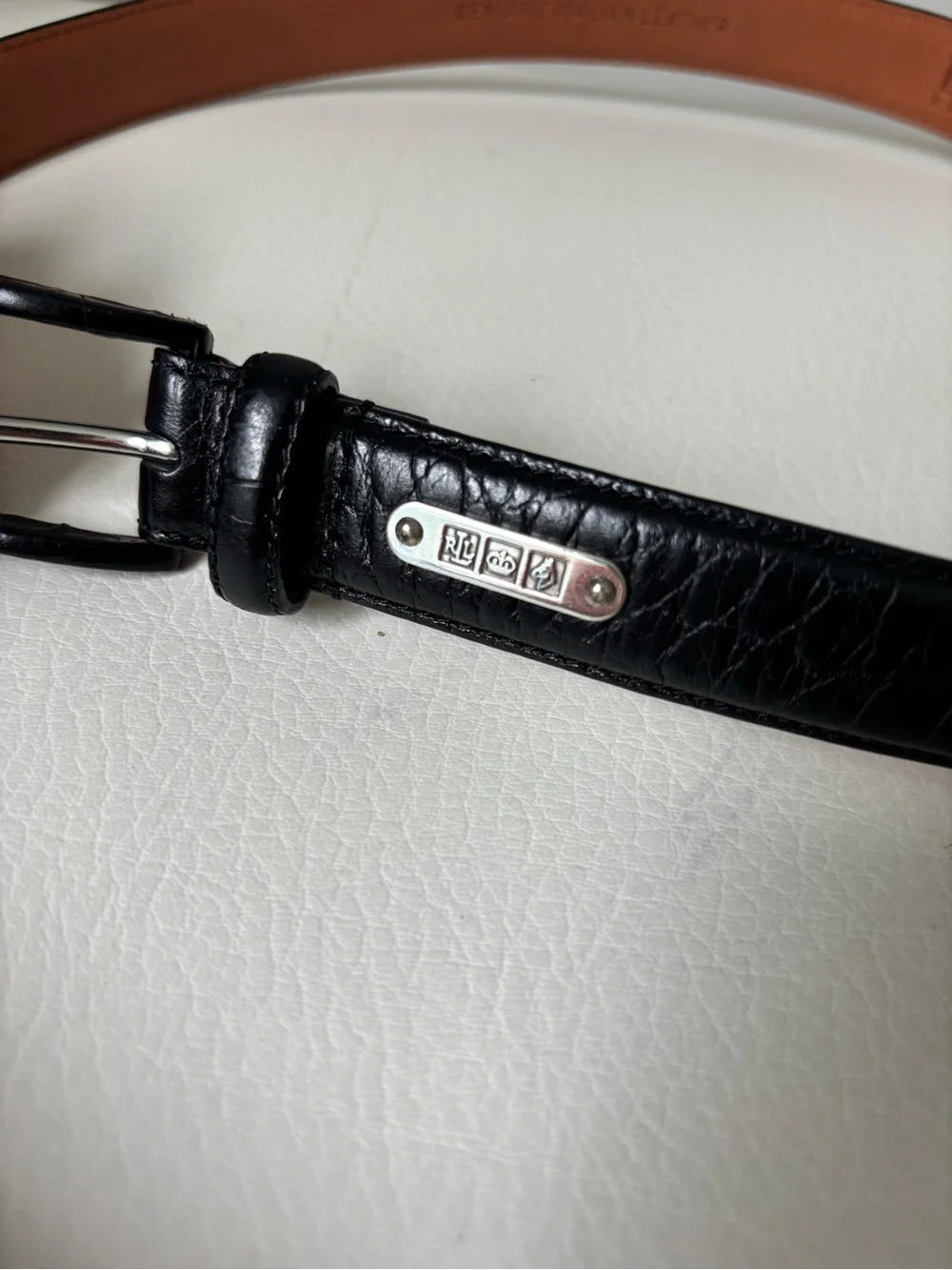 Ralph Lauren Black Croc-Embossed Leather Belt with Brown Interior size S